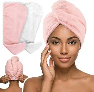 Rapid-Dry Microfiber Hair Towels, 2 Pack, Pink/White, Absorbent Hair Turban