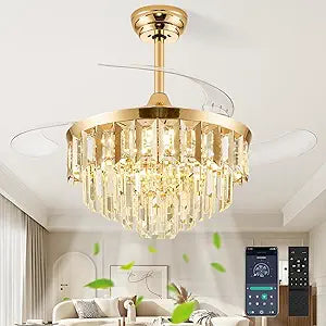 TXCSLY 42" Fandelier Ceiling Fan with Light, Crystal Chandelier Fan with Retractable Blades Dimmable Crystal Ceiling Fan Chandelier for Bedroom Living Room Dining Room-Gold