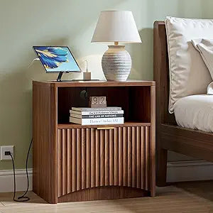 Evermagin Fluted Nightstand with Charging Station, Walnut Bedside Table with Drawer and Storage, Wood End Table Mid Century Modern, Large Night Stand for Bedroom