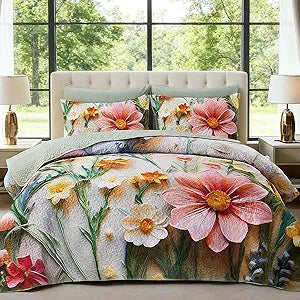 Boho Floral Quilt Set King Size, 3 Piece Lightweight Summer Bedding Set with 2 Pillow Shams, Soft Reversible Microfiber Bedspread, Farmhouse Coverlet for All Season (Right Pink Flower, King)