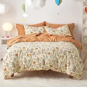 Wake In Cloud - Floral Bedding Set for Girls, Cute Colorful Botanical Flowers Patterned Soft Lightweight Comforter Set with Sheets, 5 Pieces Kids Bed in a Bag, Orange Cream, Twin Size