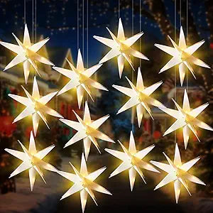 VIHOSE 12 Pcs Large White Moravian 15'' Led Tree Topper 3D Lighted Christmas Holiday Porch Hanging Outdoor Xmas for Window Home Decoration