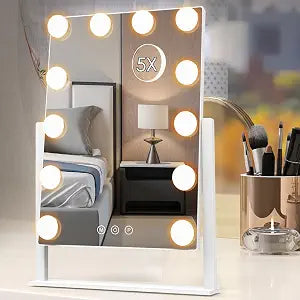 Dirket Vanity Mirror with Lights, Hollywood Lighted Makeup Mirror with 3 Color Lighting Modes and 12 Dimmable Bulbs, Detachable 5X Magnification, Smart Touch Control, 360Rotation, White
