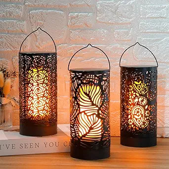 TRIROCKS Set of 3 Battery Operated LED Lanterns with Timer 7" Metal Decorative Table Lamp with Flickering Flame Effect Cordless Hanging Lanterns for Indoor/Outdoor Patio Garden Party Gift