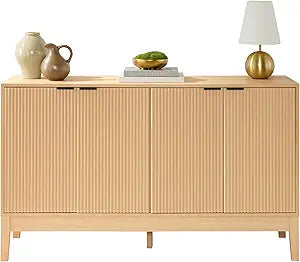 Best Choice Products 55" Modern 4-Door Sideboard Storage Cabinet, Buffet, Media Cabinet, Cupboard, Entryway Accent Table, Bookcase w/Reed Panels and Adjustable Shelves  Natural
