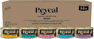Reveal Natural Wet Cat Food, 30 Count, Grain Free, Limited Ingredient Canned Food for Cats, Fish and Chicken Variety in Broth, 2.47 oz Cans