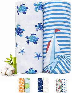 Bamboo Cotton Muslin Swaddle Blanket for Newborn Baby, Soft Breathable Lightweight Receiving Blanket, Extra Large Baby Swaddle Wrap for Boys & Girls  Ocean Calm Collection Turtle+Ship