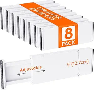 Lifewit 8 Pack 5" High Drawer Dividers 34-56cm/13.5-22" Adjustable Drawer Organizer for Clothes/Utensils, Expandable Drawer Separator in Dresser/Kitchen/Bedroom/Office Organization & Storage White