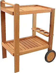 Sunnydaze Outdoor Wood Bar Cart with Wheels - Malaysian Hardwood with Teak Oil Finish - 27.5" Wide x 35.5" High