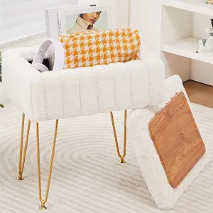 16.5" Faux Mink Fur Storage Ottoman Soft Footstool Vanity Chair Metal Legs