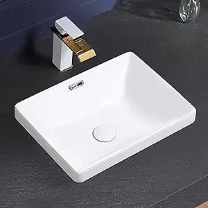 Semi Recessed Bathroom Sink 17"x13" Vessel Sink Drop-in White Porcelain Ceramic Modern Rectangular Sinks Basin Vanity Sinks with Overflow for Bathrooms