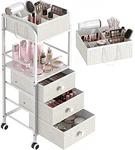 2-in-1 Makeup Organizer Cart with Removable Travel Cosmetic Bag, 5 Tier Rolling Makeup Cart on Wheels with Drawers, Floor Cosmetic Display Cases Holder for Vanity Skincare Perfume Nail Polish Storage