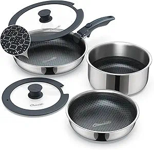 Ciwete 6-Piece Hybrid Stainless Steel Pots and Pans Set Non Stick, Tri-Ply Stainless Steel Cookware Set with Lids and Detachable Handle, PFOA Free Kitchen Skillet for All Cooktops, Dishwasher Safe