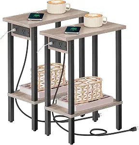 HOOBRO Narrow Side Tables, Set of 2, 2-Tier Slim End Tables with Charging Station, Skinny Nightstands with Open Storage, for Small Spaces, Living Room, Bedroom, Study,Greige and Black BG240UBZP201