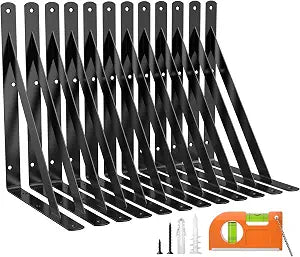 12 Pack 10 Inch Heavy Duty Shelf Bracket, Wall Shelf L Brackets for Floating Shelves, 250 LBS Max Load, Mounting Hardware Include, Black