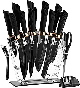 Kitchen Knife Set with Block, Knives Set with Acrylic Stand, 17Pcs Stainless Steel Cutlery Knife Block Set includes Serrated Steak Knives Set, Chef Santoku Knives, Scissor, Sharpener and Holder