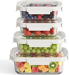 GENICOOOK Glass Fruit Storage Containers for Fridge with Glass Lids, 4 Pack Borosilicate Produce & Meal Prep Containers, Airtight BPA Free Fridge Organizer Containers