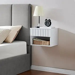 BuildHom Floating Nightstand with Fluted Drawer - Modern Wall Mounted Bedside Table with Open Storage Shelf, Small Night Stand TV Stand for Bedroom(Matte White)