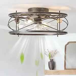 20" Rustic Ceiling Fan with Light Flush Mount, Farmhouse Caged Ceiling Fans with Lights and Remote, Bladeless Low Profile Ceiling Fan with 6 Speeds for Bedroom, Living Room, Nursery
