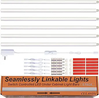 Under Cabinet Lights, Plug in, Seamlessly Linkable 12 Inch, 6 Bars+Switch+Extensions, Under Counter Lighting for Kitchen, Closet, Gun Safe, Shelf, Display Case, LED 3000k Warm White
