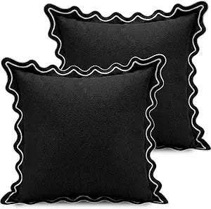 Novabright 4 Pack Outdoor Waterproof Pillow Covers Decorative Farmhouse Garden Pillowcase Scalloped Throw Cushion Cases for Patio Porch Tent Sofa Living Room Decor (Black,18 x 18 Inch)