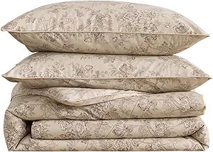 Vintage Beige Floral Duvet Cover, King Size 100% Cotton Percale Flower Print Farmhouse Bed Cover Set, Crisp Zipper Reversible French Country Comforter Cover Set, Cottage Toile Bedding, 3Pcs
