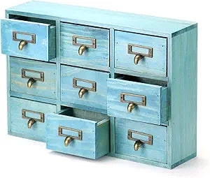 QWORK Desk Drawer Organizer, Wooden Vintage Apothecary Cabinet with 9 Drawers, Home Office & Tea & Dresser Bedroom Organization and Storage, Traditional Apothecary Cabinet, Blue