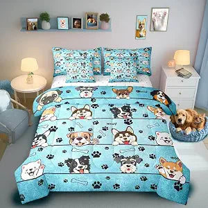 Manfei Cute Dog Twin Size Comforter Set in a Bag 7 Pieces,Cartoon Puppy Pet Animals Bedding Set for Kids,Black Paw Print Blue(Comforter+Fitted+Flat Sheet+2 Pillowcases+2 Throw Pillow Covers)