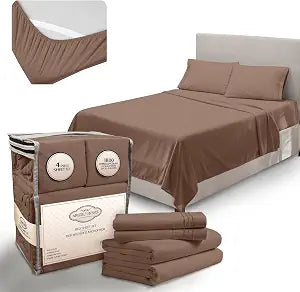 Abeero Home King Size Sheets Set Cooling - Luxury Hotel Sheets - Soft Bed Sheet with Elastic Corner Straps - Deep Pockets Microfiber Bedsheet - Bedding Sheet & Pillowcases - 4 Piece (King, Brown)