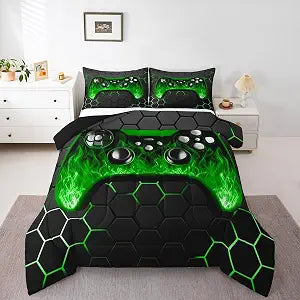 Twin Bedding Sets for Boys Gamer Comforter Sets for Boys Kids Gaming Comforter Green Black Teen Girls Gaming Room Decor Soft Game Geometric Honeycomb Duvet Quilted With Flame Pattern for Gamer Gift