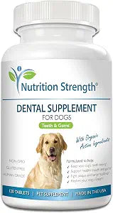Dental Care for Dogs - Natural Plaque & Tartar Remover for Teeth - Fresh Breath Dog Supplement with Organic Kelp, Strawberry Leaf & Pumpkin Seed for Gum Health - 120 Tablets