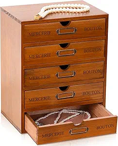 Wesiti 5 Drawer Vintage Wooden Desk Organizer, Apothecary Cabinet Storage Drawers, Rustic Shelf Drawer, Home Office Organizers and Accessories, Embroidery Floss, Craft, Art, Jewelry Storage, Stackable