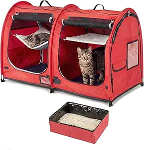 Mispace Portable Twin Compartment Show House Cat Cage/Condo - Easy to Fold & Carry Kennel - Comfy Puppy Home & Dog Travel Crate with Portable Carry Bag/Two Hammocks/Mats and Collapsible Litter Box