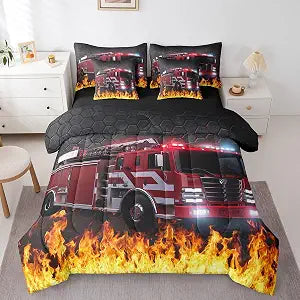 Erosebridal Kids Fire Truck Comforter Set King Size, 7 Pc Bed in a Bag