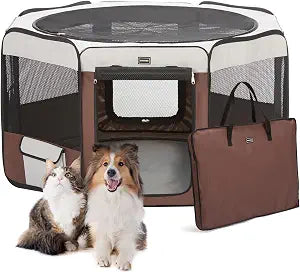 DONORO Dog Playpen Portable Pet Play Pens for Small Dog/Cat/Rabbit/Chicks, Cat Playpen Indoor/Outdoor with Carring Case, Removable Zipper Top and Bottom (Brown, Medium (35"x35"x20"), 8)