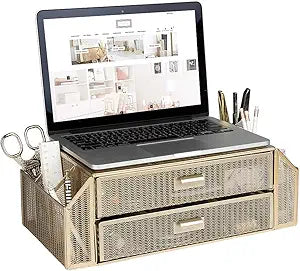 BLU MONACO | Monitor Stand with Drawer Storage | Desk Top Monitor Stand Riser Gold | Computer Support Organizer Elevador de Monitor