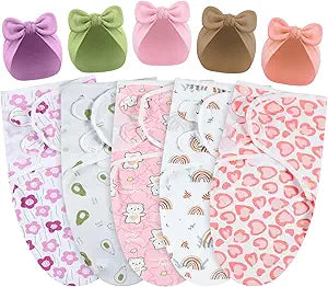 Fanfanwin 5 Pack Preemie Swaddle Blanket Wrap with Hat Set Cotton Preemie Baby Clothes Hat Receiving Blanket for 3-7 Lbs Newborn Boys Girls (Rabbit Ears)