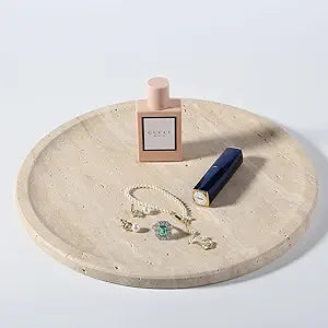 Travertine Tray, 11.8"x0.8" Round Serving Tray for Kitchen and Coffee Table, Bathroom Trays for Counter, Decorative Vanity Trays, Catchall Fruit and Snack, Light Beige Ottoman Tray