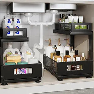 2 Pack Under Sink Organizer with Next-Gen Ball-Bearing Slides,2-Tier Pull Out Cabinet Storage,Height Adjustable Drawer Shelf for Bathroom,Kitchen,Laundry,Cabinet,Pantry(Patent Pending)