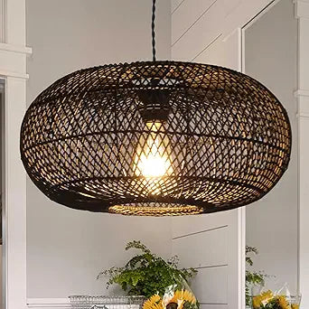 Rattan Pendant Light 15.75" 1-Light Hand-Woven Bamboo Rattan Hanging Lamp Large Globe Wicker Chandelier Modern Bohemian Adjustable Pendant Lamp for Kitchen Island Farmhouse Outdoor Porch Black.