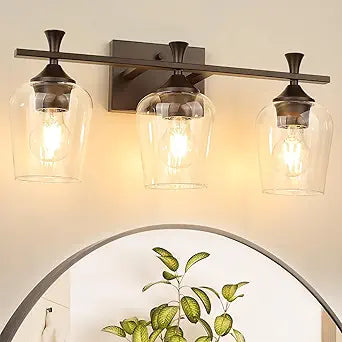3 Light Bathroom Vanity Light - Coffee Bathroom Lighting Fixtures Over Mirror, Modern Wall Sconces with Transparent Glass Lampshade for Bedroom Living Room Kitchen Cabinet Stair Hallway