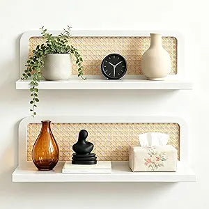 Floating Shelves Bathroom Wall Shelf, 16 Inch Rattan Wall Shelf Set of 2, Wooden Hanging Bookshelf Storage, Boho Decorative Floating Shelves for Kids Room, Living Room, Bedroom, Rattan Shelf, White