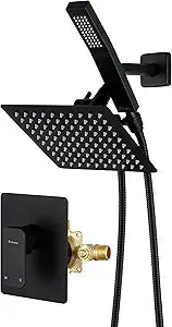 All Metal Shower Faucet Set, Dual Square Shower Head System with Handheld Wand, Diverter, Hose Complete Combo, Pressure Balance Rough-in Valve Included (Matte Black)