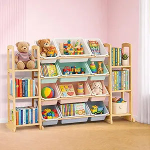 Kids Toy Storage Organizer with Bookshelf  Wooden Shelf with 12 Bins & 6 Shelves, Quick Assembly Storage Rack for Playroom, Bedroom, Nursery  Colorful