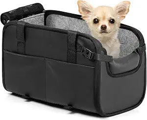 YUDODO 2-12lbs Center Console Dog Car Seat, Anti-Slip Pet Cat Booster Seat for Small Dogs, Portable Puppy Bed Carseat Carrier PU Leather Black