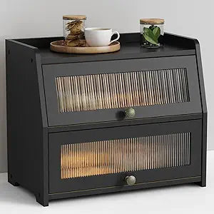 Goozii Large Bread Box for Kitchen Countertop, Black Bread Storage Container for Homemade Bread, Double Layer Farmhouse Breadbox Organizer for Kitchen Counter Cabinet, Pantry, Cupboard (Black)