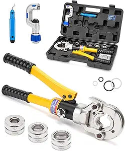 Hydraulic Copper Tube Fittings 1/2, 3/4, 1" Press Crimping Tool Kit Pex Pipe Crimper Pressing Pliers Stainless PEX Press Sleeves for Copper Pipe with Pipe Cutter