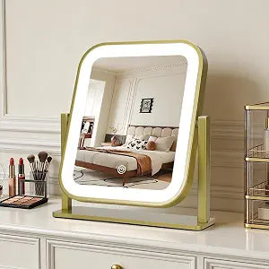 Vanity Mirror with Lights, 1500mAH, 10"9" Makeup Mirror with Lights, Smart Touch with 3-Color Lighting, 360 Rotation, Portable LED Desk Mirror, Bedroom (Gold)