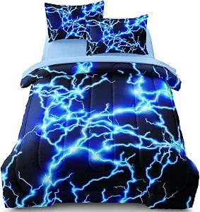 Twin Size Bedding Set for Boys Blue Lightning Bed in A Bag | Comforter with Sheet Set, 5 Pieces, Kids Teen, Cool Quilt