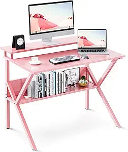 ODK Small Desk, 27.5 Inch Computer Desk for Small Spaces, Study Desk with Storage & Monitor Stand, Pink